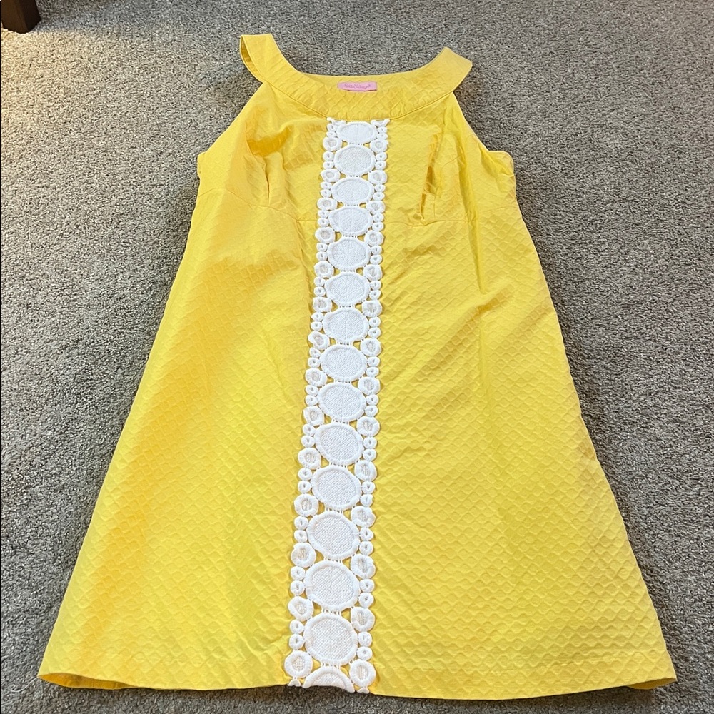 Lilly Pulitzer Textured Bright Yellow Shift White Embroidery Trim sz6 Cotton